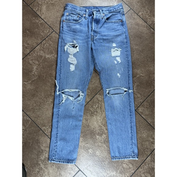 Levi's Denim - Levi's 501 Women's 26x28 Button Fly Skinny Leg Big E Light Washed Distressed
